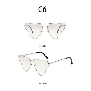 Front and 45-degree side view of silver metal heart-shaped sunglasses with clear lenses