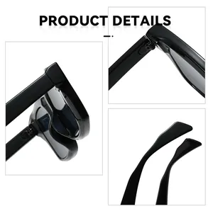 Detail view of durable hinges and curved temples on black square frame sunglasses