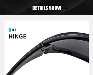 Close-up of the durable hinge structure on black sporty sunglasses for cycling