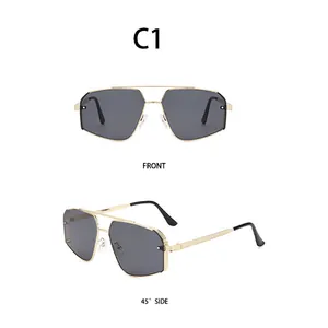 Vues de face et de côté de lunettes de soleil polygonales avec monture en métal doré