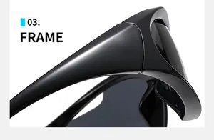 Detailed close-up of glossy black minimalist sunglasses frame showing sleek streamlined design