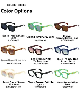 Selection of nine colorful square frame sunglasses with various lens and frame color options