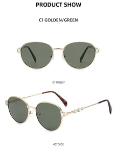 Vues détaillées de face et de profil des lunettes de soleil rondes dorées à verres verts