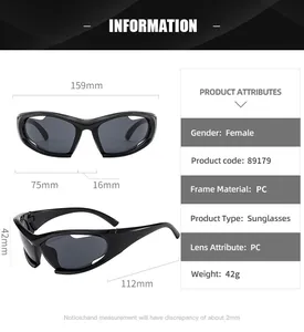 Detailed size specifications of sporty oversized wrap-around sunglasses with PC frame