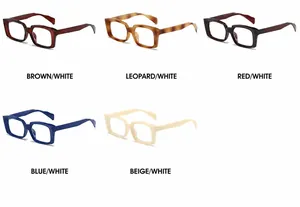 Detail view of square eyeglass frames in five colors including leopard and beige