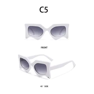 Front and 45-degree side view of white butterfly sunglasses with rhinestone accents