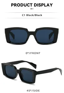 Front and side views of C1 black square chunky sunglasses with dark blue lenses