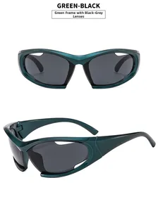 Dettaglio di occhiali da sole sportivi verdi con lenti grigie in stile futuristico Y2K