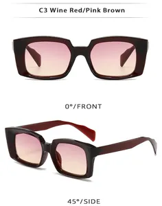 Wine red square frame sunglasses with pink brown gradient lenses shown in front and side views