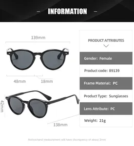 Detailed size chart for retro round sunglasses showing frame dimensions and specifications