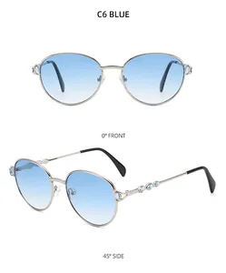 Détails de lunettes de soleil rondes argentées avec verres dégradés bleus et strass