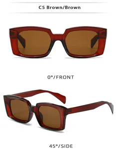 Front and side views of translucent brown square frame sunglasses with dark lenses
