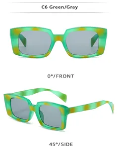 Front and side views of rectangular sunglasses with green marble pattern frames and gray lenses