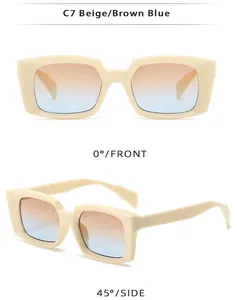 Detail view of beige rectangular sunglasses with brown-blue gradient lenses at two angles