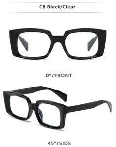Front and side views of vintage square black frames with clear anti-blue light lenses