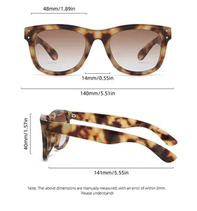 Detailed size specifications for vintage leopard print sunglasses with brown gradient lenses