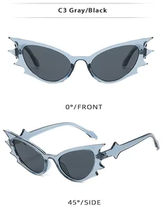 Dettagli degli occhiali da sole cat-eye blu chiaro con lenti grigio scuro