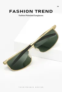 Close-up of stylish polarized sunglasses with golden metal half-frame and dark lenses