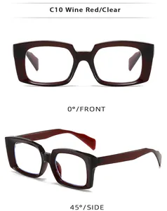 Detail view of wine red and clear dual-tone square glasses frames from front and side angles