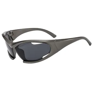 Futuristic cyberpunk sports sunglasses with dark grey metallic frame and asymmetric lenses