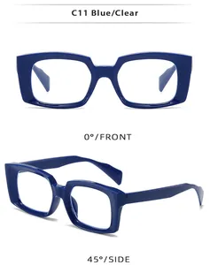 Front and 45-degree side view of blue square frame glasses with clear lenses