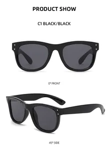 Front and side views of black square sunglasses with silver dot accents and polished finish