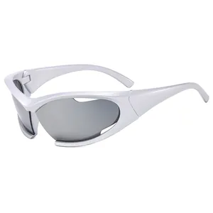 Silver Y2K sports sunglasses with aerodynamic hollow frame and grey lenses