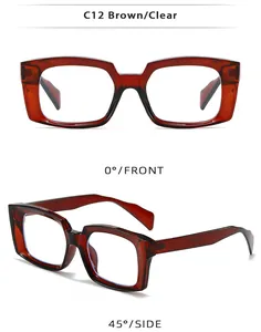 Front and 45-degree side views of retro square brown clear eyewear frames with blue light lens