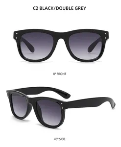 Front and 45-degree side views of black square sunglasses with silver metal rivets