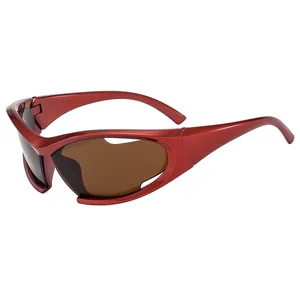 Cyberpunk style sports sunglasses with dark red metal frame and sleek wraparound design