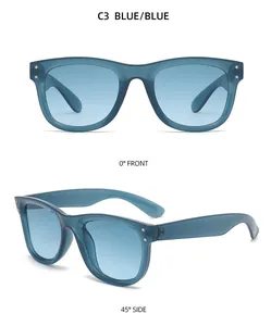 Detailed front and side view of blue translucent square sunglasses with metal rivets