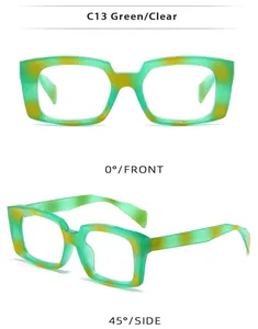 Close-up of C13 square retro glasses frames in green and clear tortoiseshell pattern