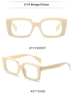 Close-up of beige rectangular square glasses frames with clear lenses from front and side angles