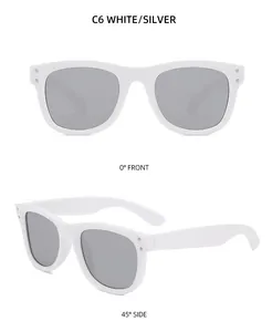 Front and 45-degree side views of white rectangle sunglasses with silver metal accents