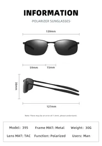 Detailed size specifications for polarized men's sunglasses with metal frame and dimensions