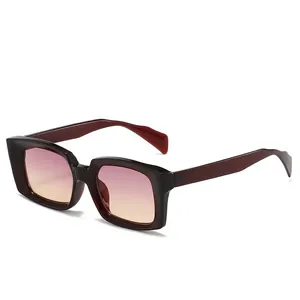 Retro square thick frame sunglasses with dark wine red frame and pink yellow gradient lenses