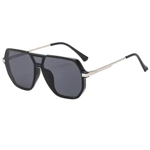 Y2K pilot sunglasses with oversized black geometric frame and silver metal temples
