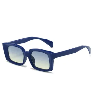 Fashionable square chunky frame sunglasses with navy blue glossy finish and gradient lenses
