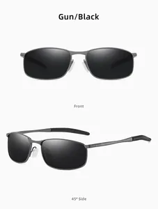 Front and 45-degree side views of gunmetal polarized sunglasses with black lenses