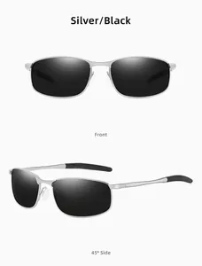 Front and side view of silver metal sports sunglasses with polarized black lenses