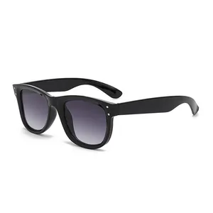 Classic square black sunglasses with gradient grey lenses and silver side accents