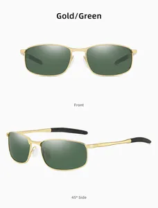 Detail view of gold metal sunglasses with green rectangular lenses from front and side angles