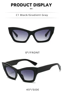 Cat eye sunglasses detail with thick black frame and gradient gray lenses from two angles