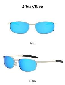 Detailed front and 45-degree views of silver sports sunglasses with blue mirrored lenses