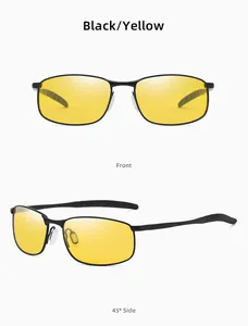 Front and 45-degree side views of black metal sunglasses with yellow polarized lenses