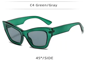 Side 45-degree view of cat eye sunglasses with green translucent frames and gray lenses