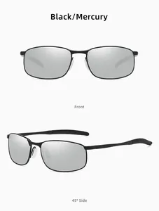 Front and side views of rectangular black metal polarized sunglasses with silver lenses