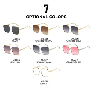 Collection of oversized square metal sunglasses showing seven different lens and frame colors