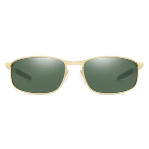 Men's polarized sports sunglasses with golden metal frame and dark green lenses