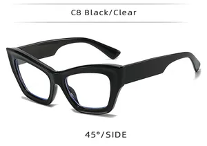 45-degree side view of black cat-eye sunglasses with thick frames and clear lenses